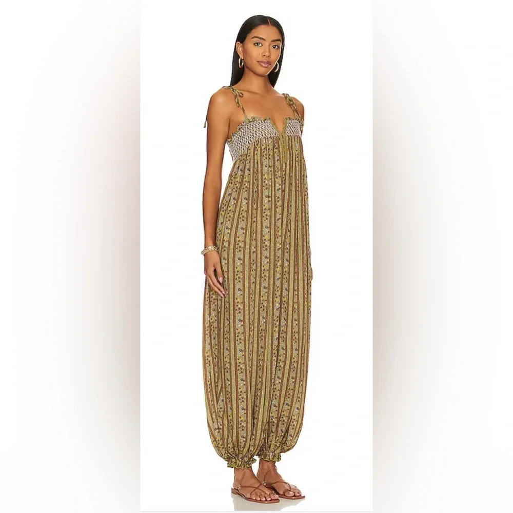 NWT Free People Rule the World Maxi Jumpsuit in Fern Combo